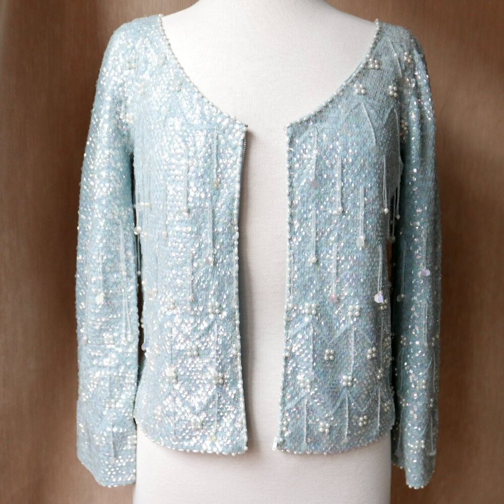 Light Blue Beaded Sequin Cardigan Sweater Top